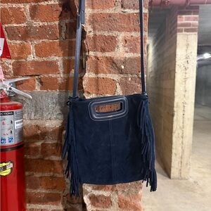 Maje Navy Crossbody Bag with Fringe Detail